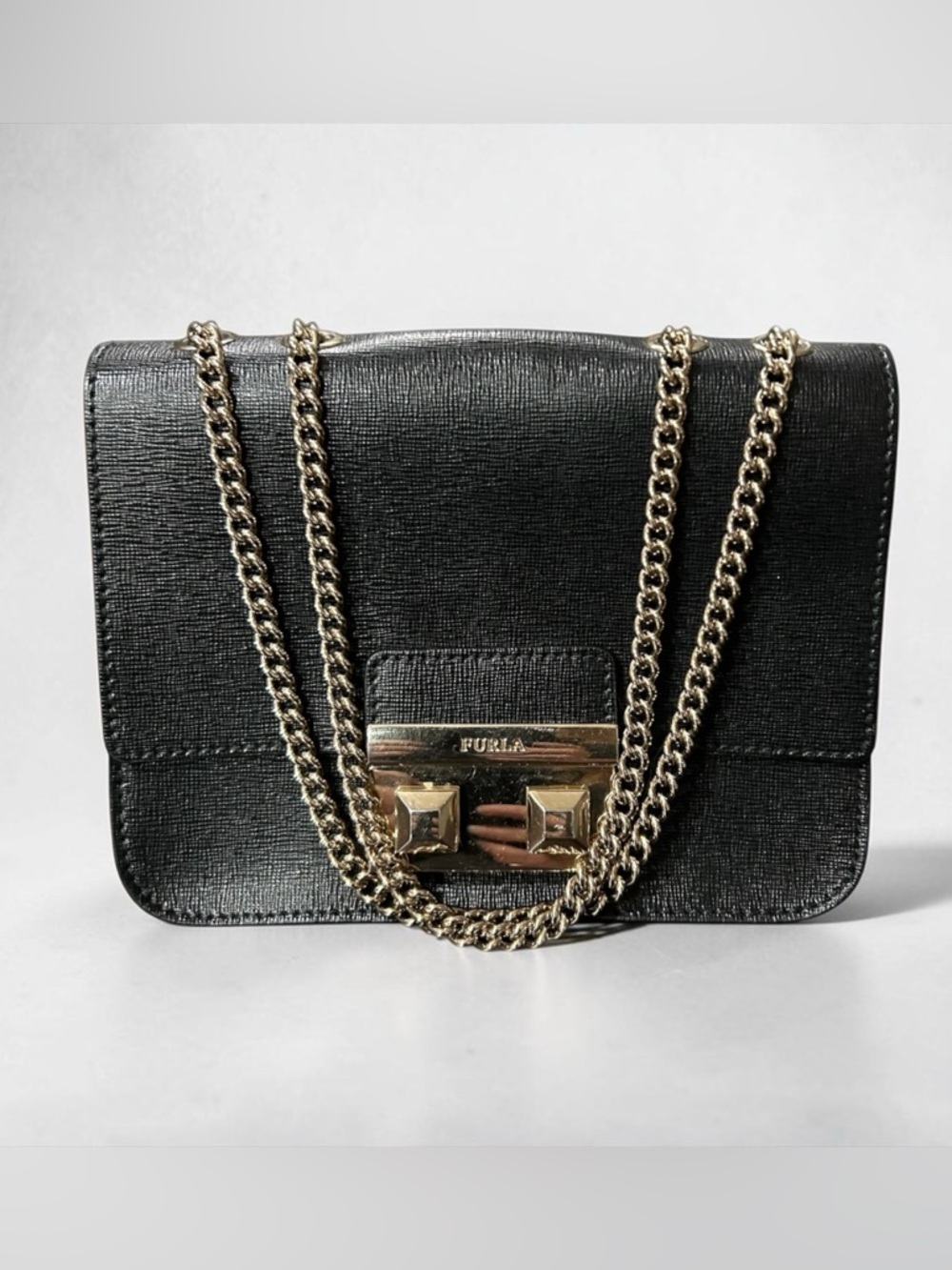 FURLA Bella Mini Crossbody Shoulder Handbag Black Saffiano Leather LIKE NEW